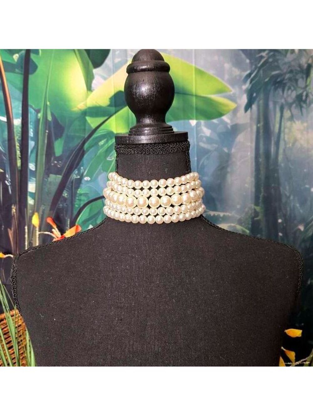Five-Strand Faux Pearl Choker Collar Necklace with Gold-Tone Hardware